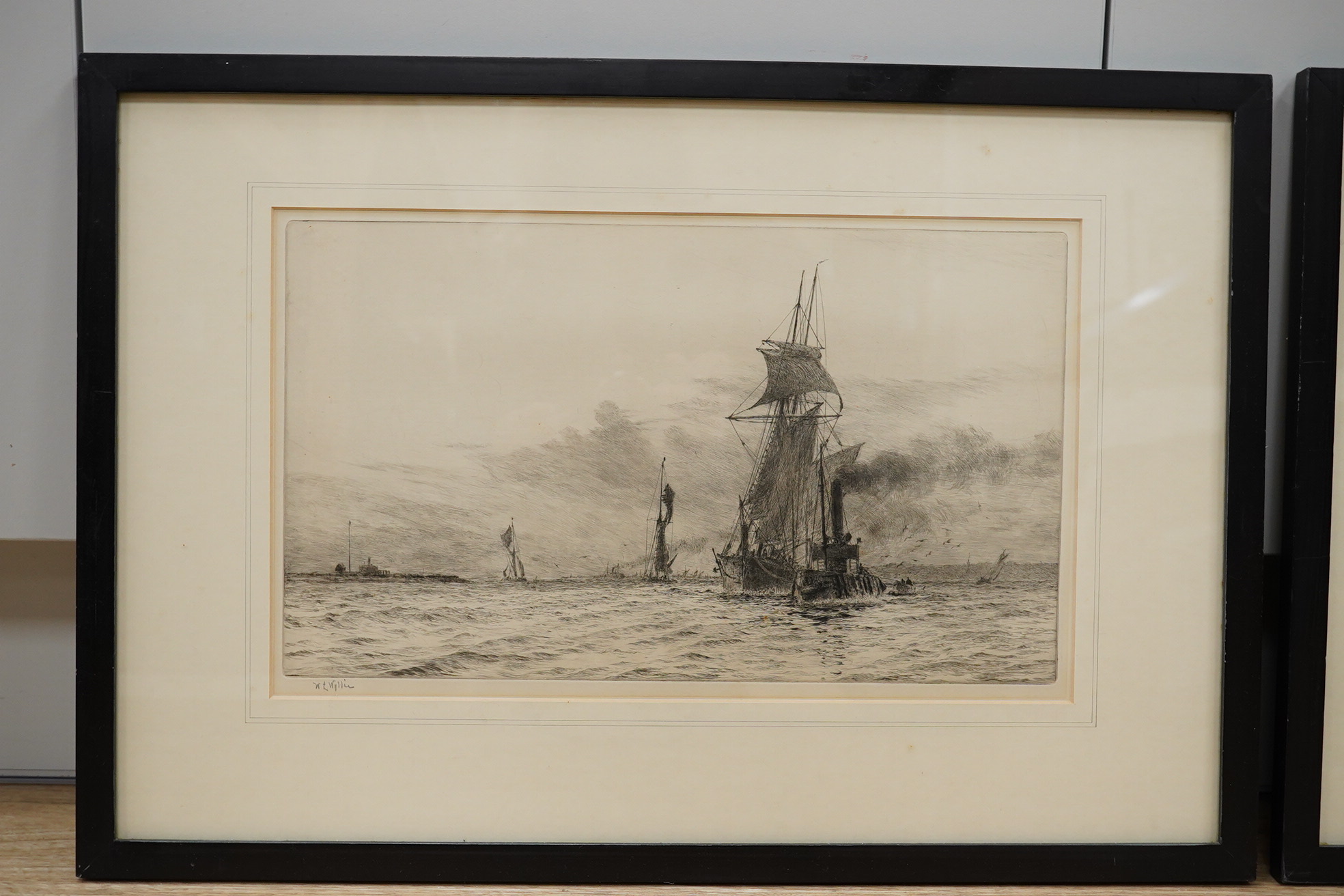 William Lionel Wyllie (1851-1931), two etchings, signed in pencil, comprising Shipping the tow rope and Fantome and Sunbeam, largest 23 x 39cm. Condition - fair